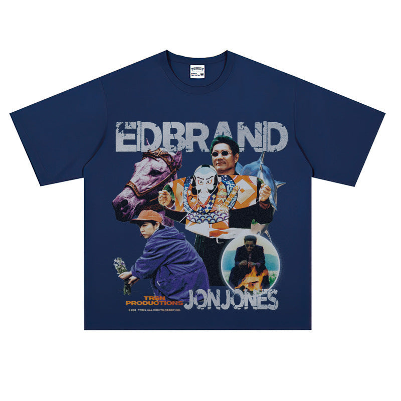 Film Star T Shirt Loose American Retro Heavy round Neck Street T-shirt for Men and Women