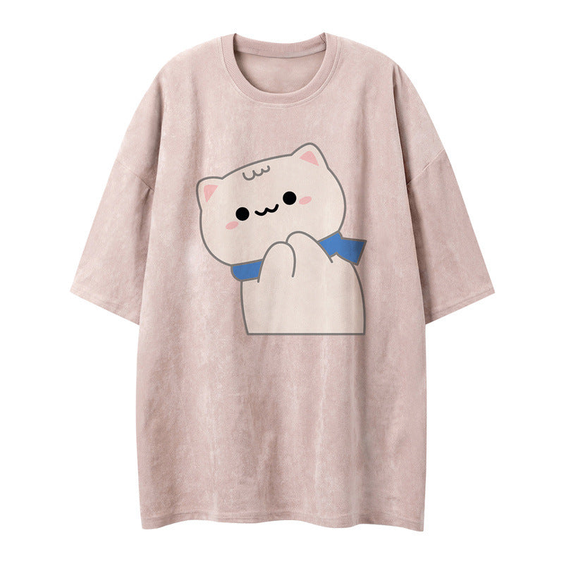 US drip outfits summer vintage kitten print casual loose short sleeve T-Shirts