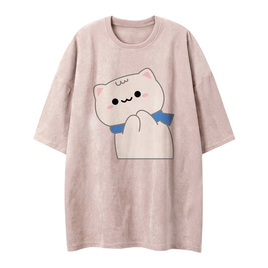 US drip outfits summer vintage kitten print casual loose short sleeve T-Shirts