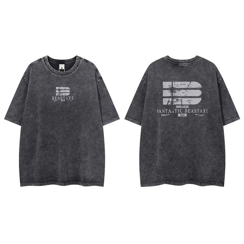 Casual Street Wear Washed Letter Print Loose Crew Neck Short Sleeve T-Shirt