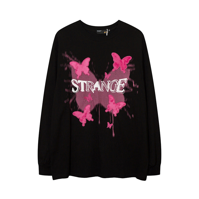 Vintage T Shirts Hip Hop Butterfly Patch Embroidered Long Sleeve T-Shirt