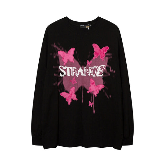 Vintage T Shirts Hip Hop Butterfly Patch Embroidered Long Sleeve T-Shirt