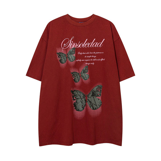 Vintage Tišö Rt Butterfly print washed short-sleeved men's and women's T-shirts
