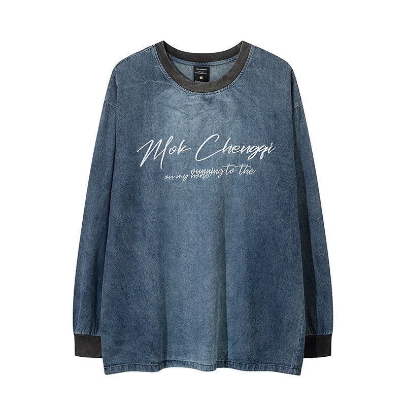 Marcas De Streetwear Crew Neck Denim Pullover Long Sleeve T-Shirt