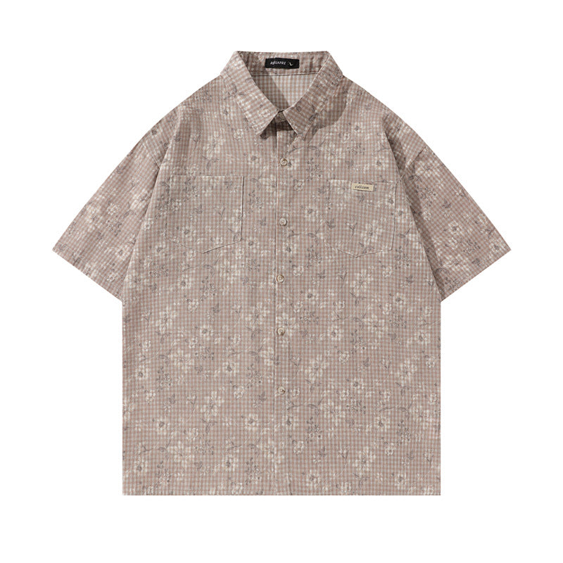 Y2K mens shirt retro loose shirt pleated floral men's casual short-sleeved tie shirt