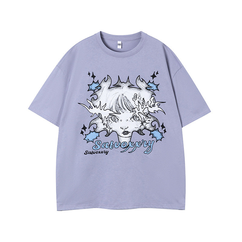 Vintage Tišö Rt Cartoon Printed Short Sleeve T-Shirt Loose Casual Top