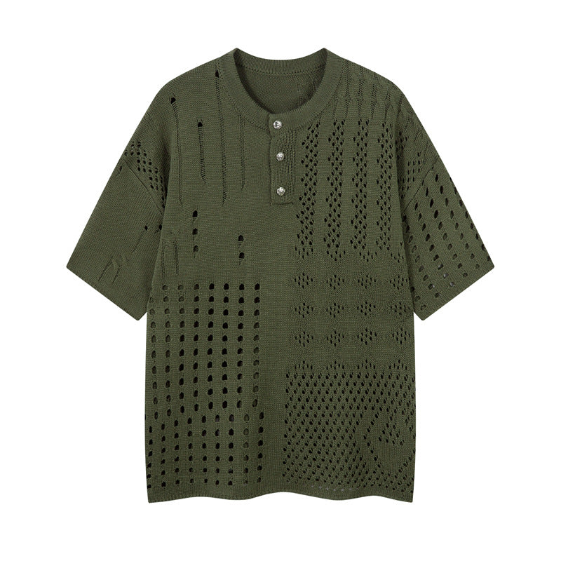 Casual Street Wear Vintage Knitted Sweater Loose Crew Neck Short Sleeve T-Shirt