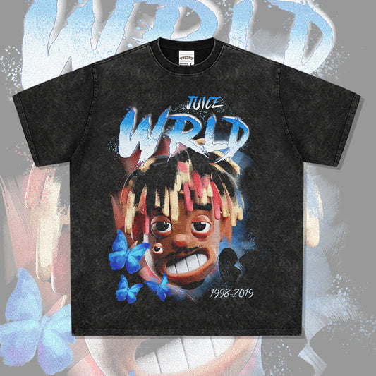 Cool t rapper rap Juice Wrld print hip hop short sleeve vintage loose