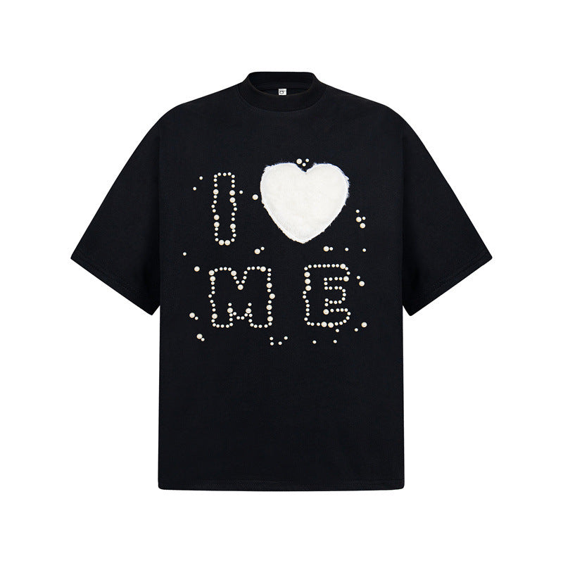 Casual Street Wear Old Embroidered Love Vintage Loose Hip Hop Oversize Short Sleeve T-Shirt