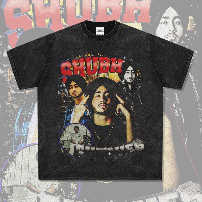 Streetwear masculino vintage hip hop Shubh print short sleeve t-shirt