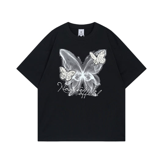 USA Vintage T-Shirt Stickers Lace Cloth Butterfly Men Summer Loose
