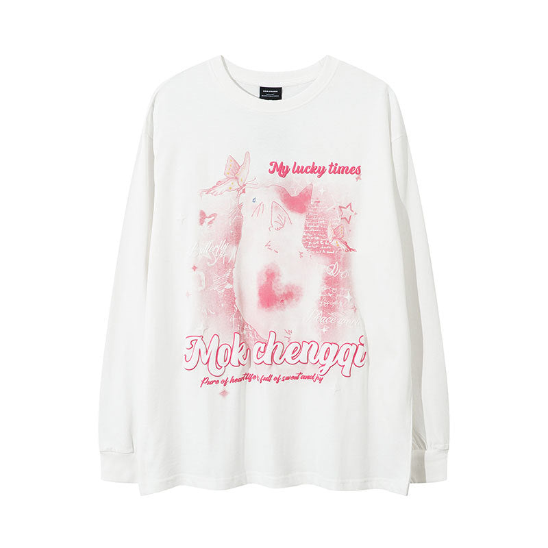Marcas De Streetwear oversized butterfly pussy print long sleeve t-shirt