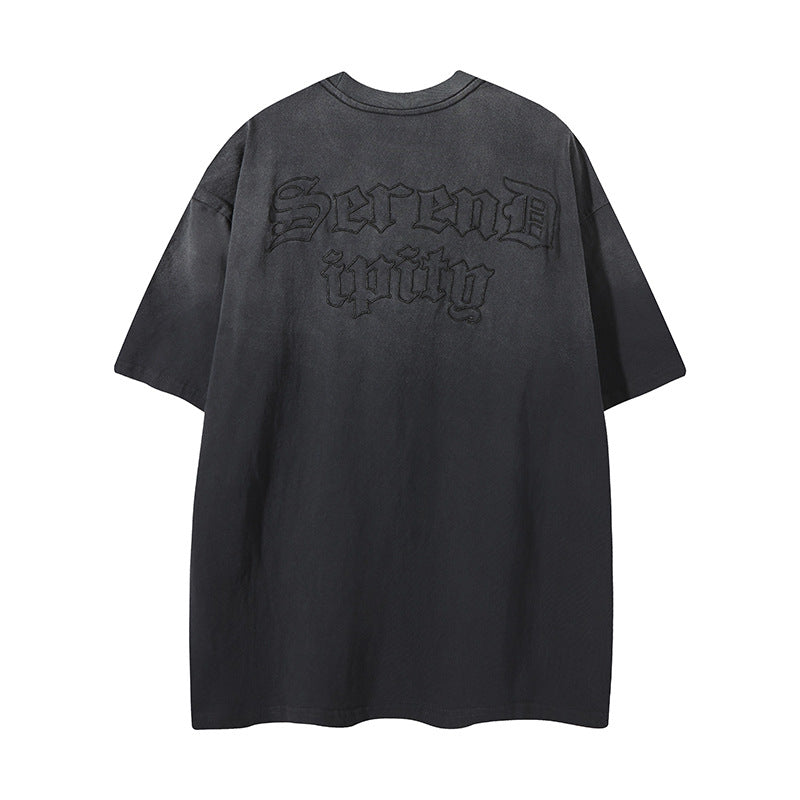 Distorted vintage gradual change embroidered short-sleeved t-shirt summer loose casual top
