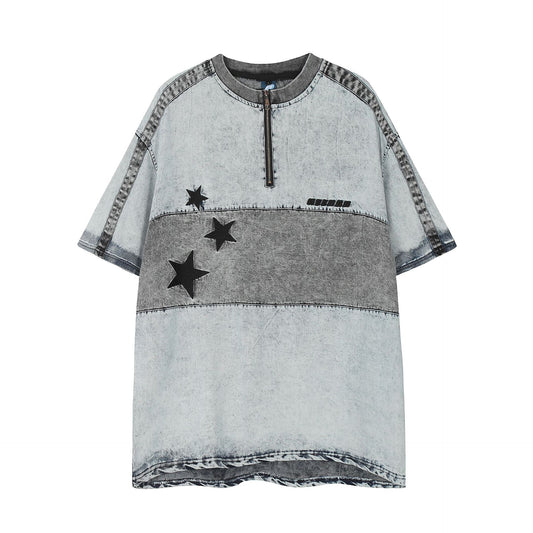 1990 Fashion T-Shirt Denim Washed Old Zipper Collar Short Sleeve