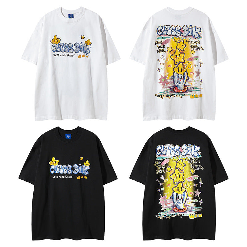 Nyc T Shirt Vintage Graffiti Linked Star Print Short Sleeve T-Shirt Summer Oversize Top