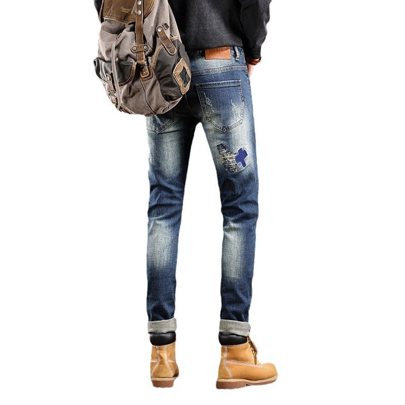 1990 Fashion Jeans Ripped Denim Embroidered Patch Graffiti Straight Pants