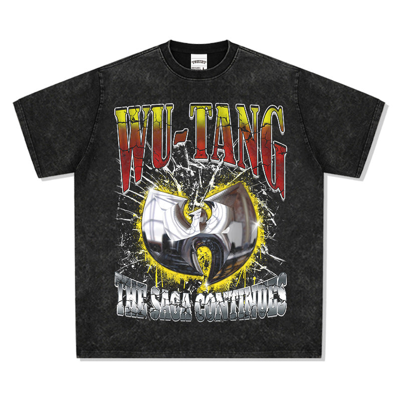 Streetwear masculino vintage hip hop WU-TANG print short-sleeved t-shirt