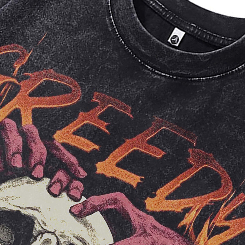 Ropa Vintage Hombre Vintage Skull Flame Graffiti Old Wash Short Sleeve T-Shirt
