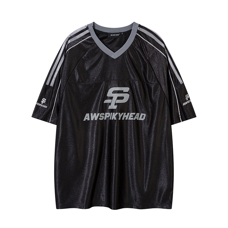 Marcas De Streetwear Vintage Sport Three-Bar Letter Print Ball Jacket Short Sleeve T-Shirt