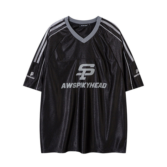 Marcas De Streetwear Vintage Sport Three-Bar Letter Print Ball Jacket Short Sleeve T-Shirt