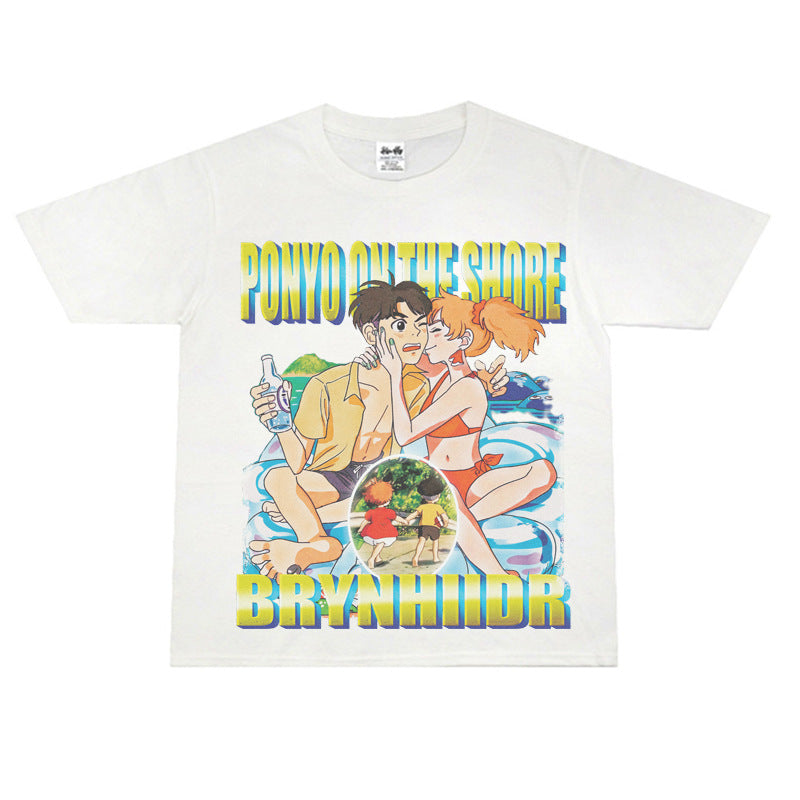 Film Star T Shirt Japanese Cartoons Animation Ponyo on the Cliff by the Sea Movie Loose Heavy Street Cotton T-shirt