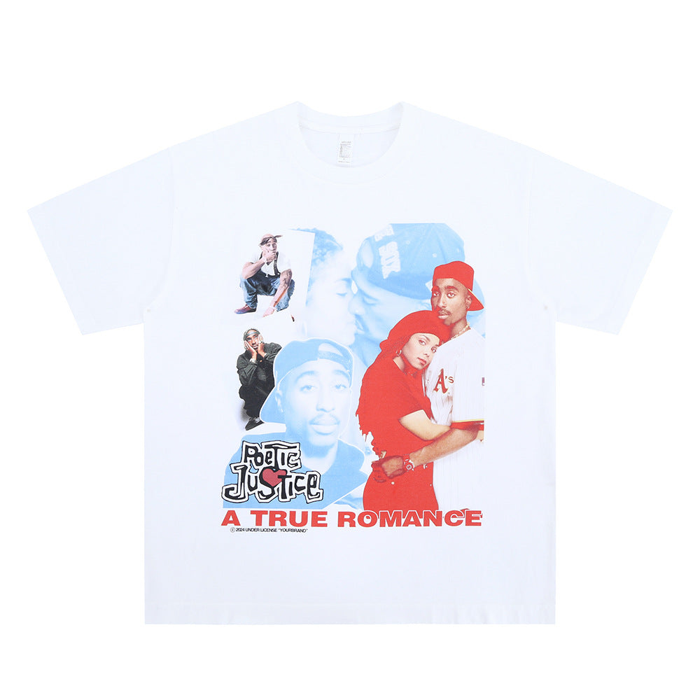 Vintage College Shirts Summer Hip Hop Portrait Letter Print Crew Neck Short Sleeve T-Shirt