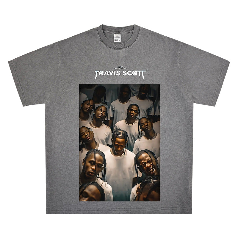 Streetwear masculino hip hop Travis scott rap character print washed do old loose short sleeve t-shirt