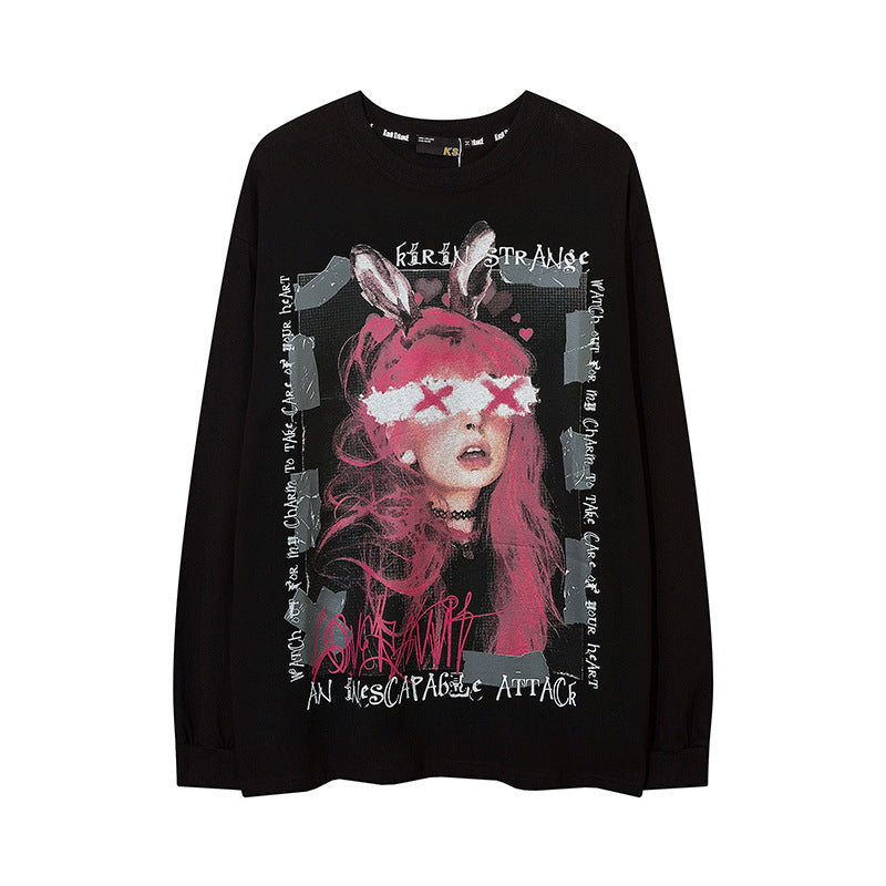 Vintage T Shirts Hip Hop Cartoon Print Long Sleeve T-Shirt