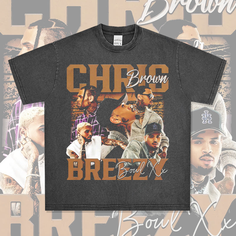 Streetwear masculino vintage hip hop Chris Brown print short-sleeved t-shirt