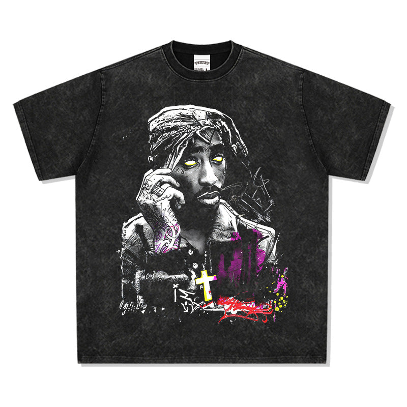 Cool t rapper vintage tupac print hip hop short sleeve wash do old t-shirt