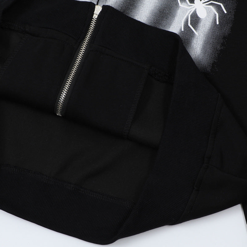 Streetwear Hoodie Vintage Spider Embroidered Hooded Sweater Loose Hip Hop Zip Cardigan Jacket