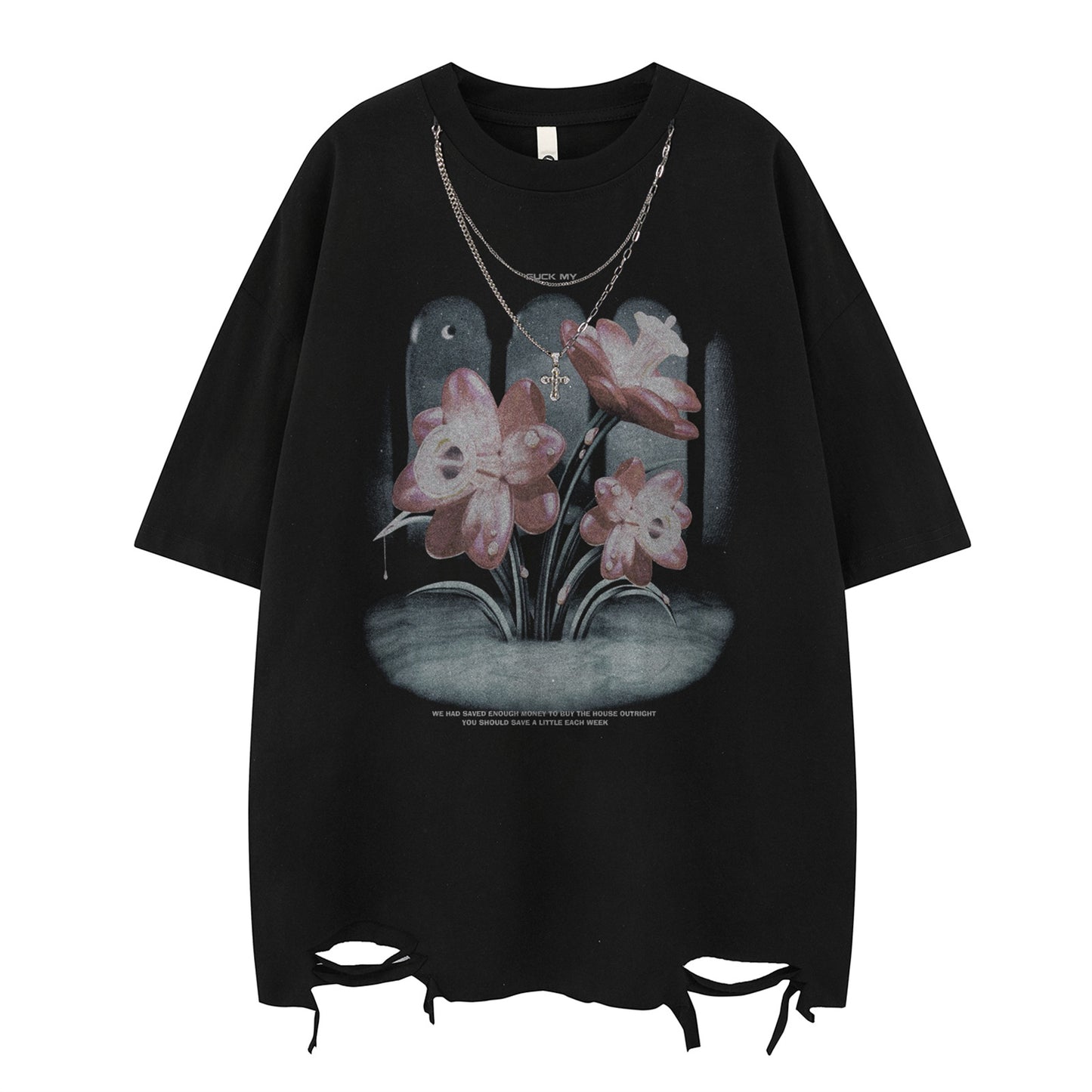 Distorted vintage floral print ripped short sleeve crew neck t-shirt