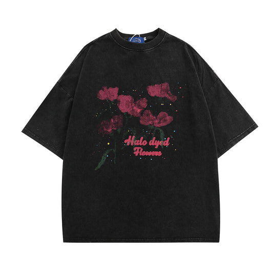 60s Style T Shirts Vintage Washed Old T-Shirt Loose Floral Print Short Sleeve T