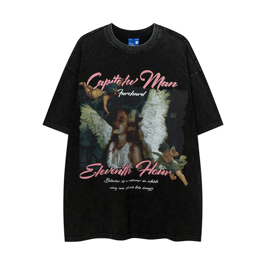 Vintage T Shirts Hip Hop Angel Print Washing Water Old Short Sleeve T-Shirt