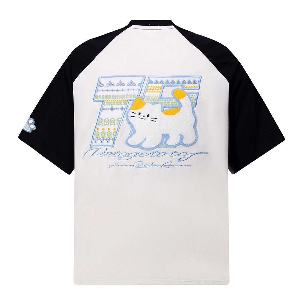 New York Hip Hop Style Vintage Lamb Embroidered Short Sleeve T-Shirt Summer Oversize Casual Top