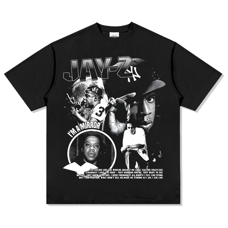 Streetwear masculino Jay-Z print hip-hop short-sleeved T-shirt retro washed old loose top