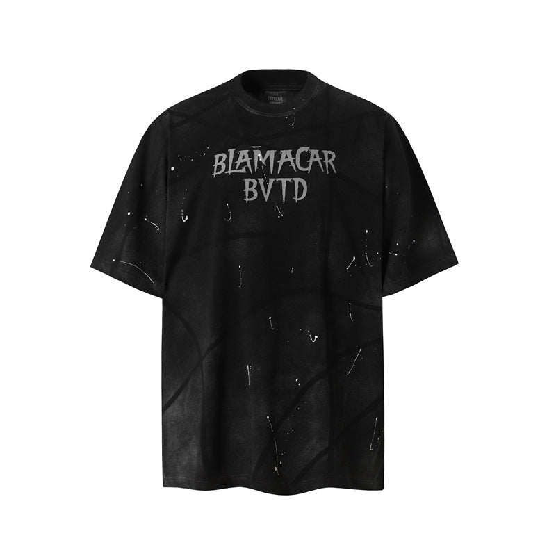Camisas Retros Washed Hip Hop Tie-Dye Alphabet Print Short Sleeve T-Shirt