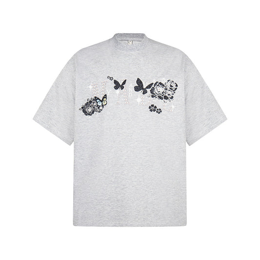 Casual Street Wear Vintage Butterfly Pattern Short Sleeve T-Shirt Crew Neck Loose Casual