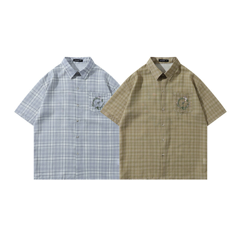 Y2K mens shirt retro plaid lapel loose casual short sleeves