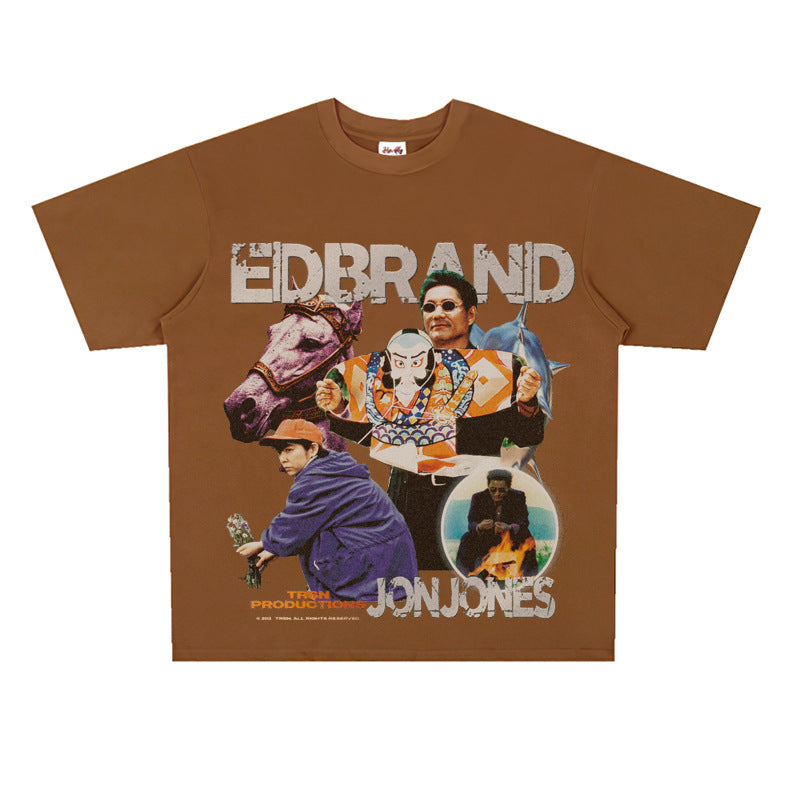 Film Star T Shirt Loose American Retro Heavy round Neck Street T-shirt for Men and Women