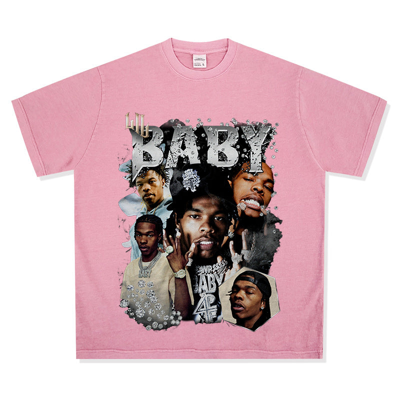 Cool t rapper retro hip hop Lil Baby print short sleeve t-shirt loose crew neck