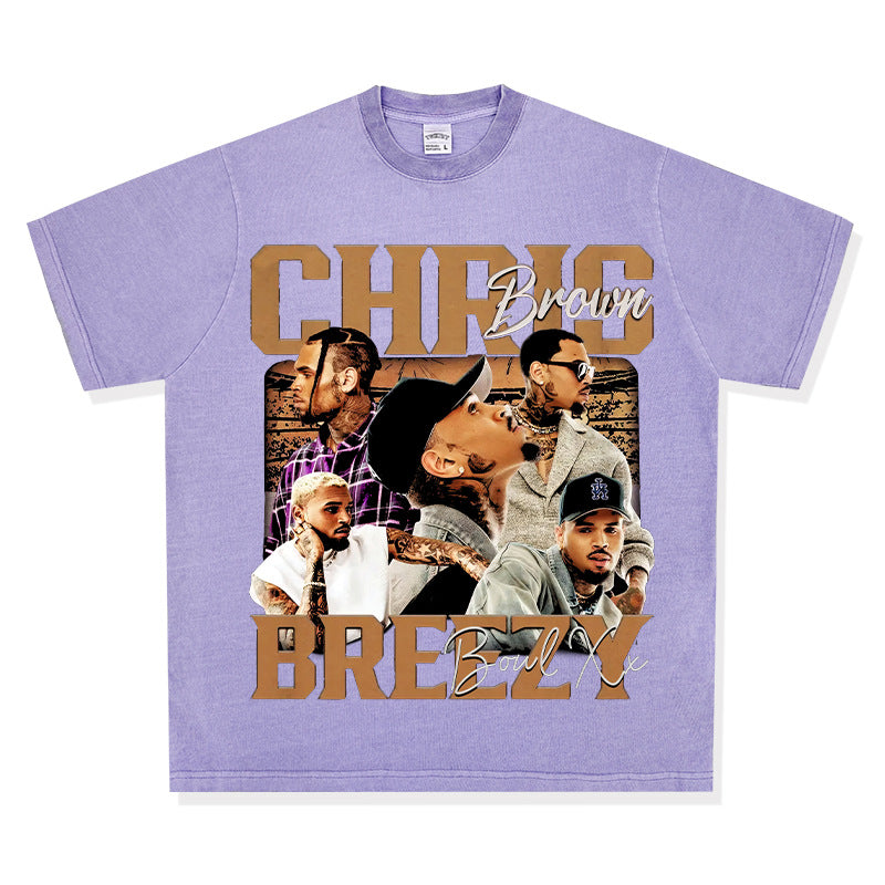 Streetwear masculino vintage hip hop Chris Brown print short-sleeved t-shirt
