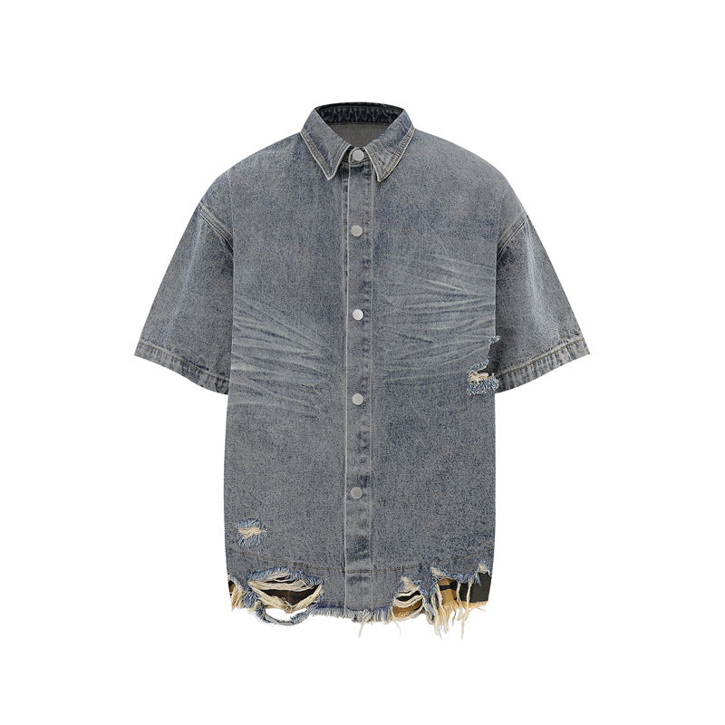 Stone Wash T shirt Leopard print denim short sleeve casual denim shorts