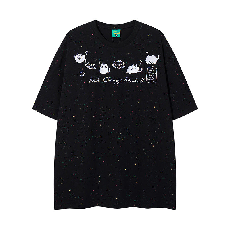 Nyc T-Shirt Vintage Kitten Embroidered Short Sleeve T-Shirt Summer Loose Casual Top