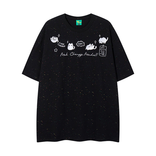 Nyc T-Shirt Vintage Kitten Embroidered Short Sleeve T-Shirt Summer Loose Casual Top