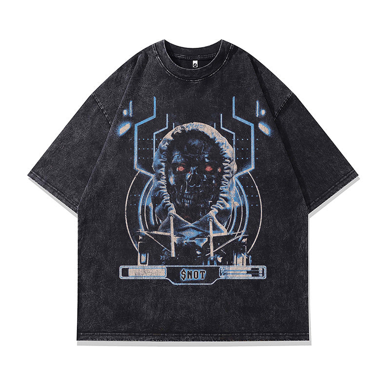 Ropa Vintage Hombre Skull Demon Print Washed Short Sleeve T-Shirt