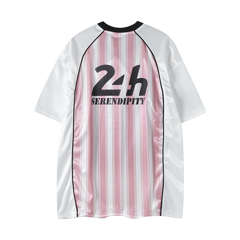 New York Hip Hop Style Vertical Stripe Letter Print V-Neck T-Shirt