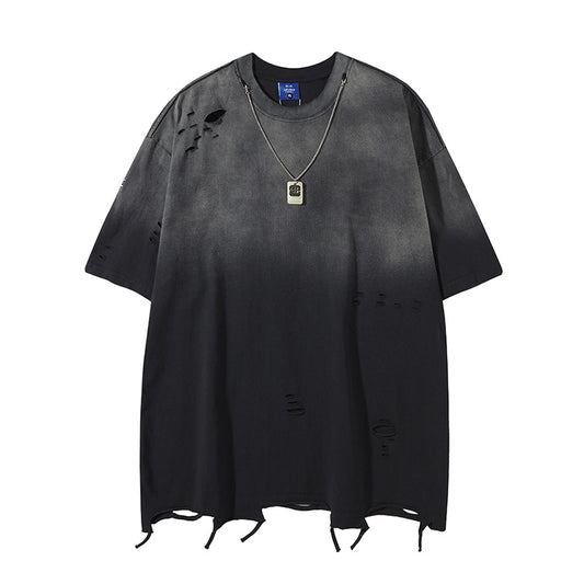 Retro Style Shirt For Men Summer Necklace tee Washed Short Sleeve T-Shirt