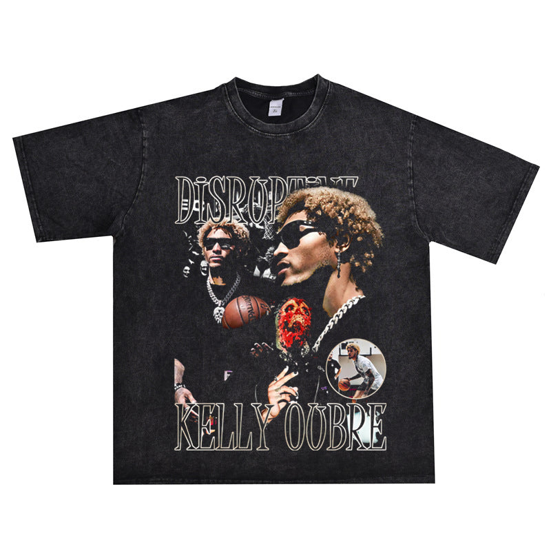Film Star T Shirt Kelly Oubre Printed T-shirt Short Sleeve Loose Retro Pure Cotton Washed Distressed