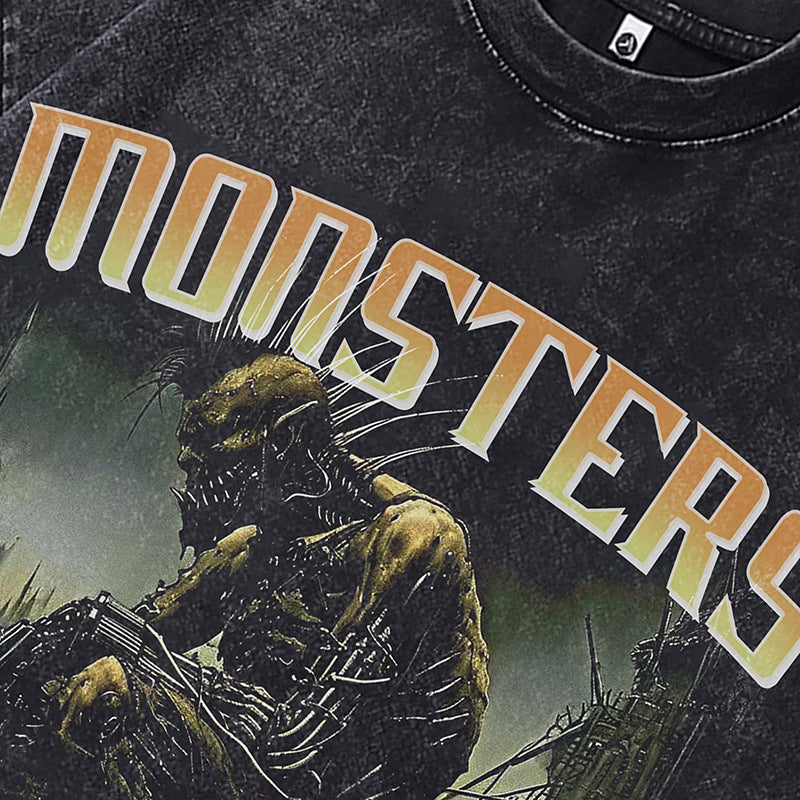 Ropa Vintage Hombre Devil Print Old Washed Vintage Loose Short Sleeve T-Shirt